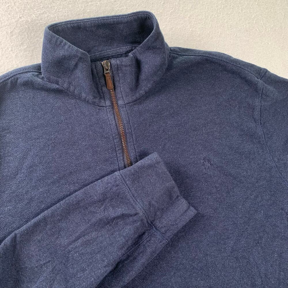 Polo Ralph Lauren Quarter Zip Mens Large Herringbone Navy Blue Pullover Sweater - Picture 1 of 11
